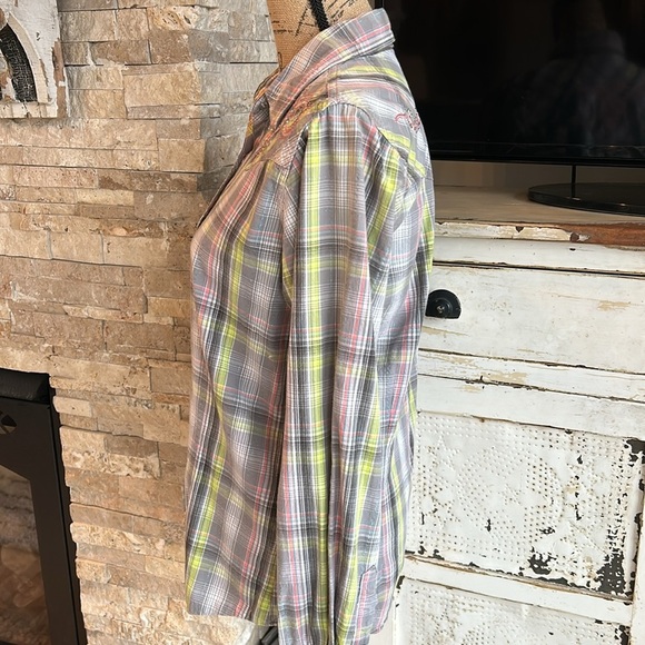 Wrangler Rock 47 snap western shirt steer yoke gray plaid bedazzle shoulder back - Picture 7 of 16